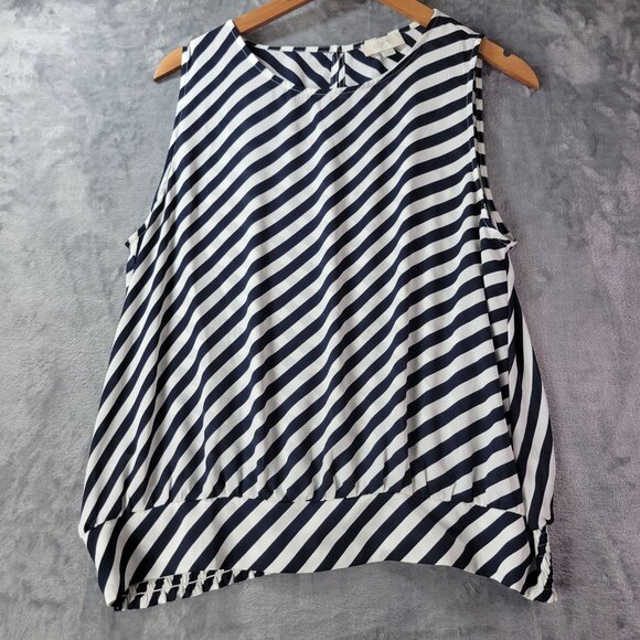 LOFT Outlet Womens‎ L Sleeveless Blouse Navy White Striped High Low Hem Nautical - Picture 1 of 10